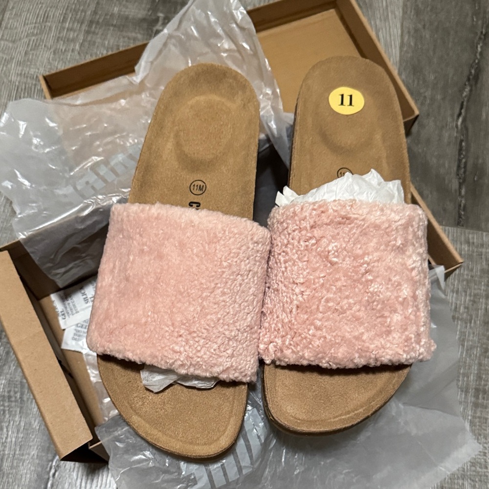 Lonie One Band Cork Footbed Sandal Cozy Pink Fuzzy Slide Sandals